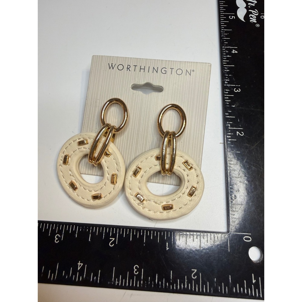 Worthington Cream Faux Leather Gold Studded Hoop Drop Earrings NWT 28G00352